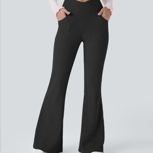 Ribbed Knit Crossover High Waisted Pocket Casual Flare Pants XL (16)